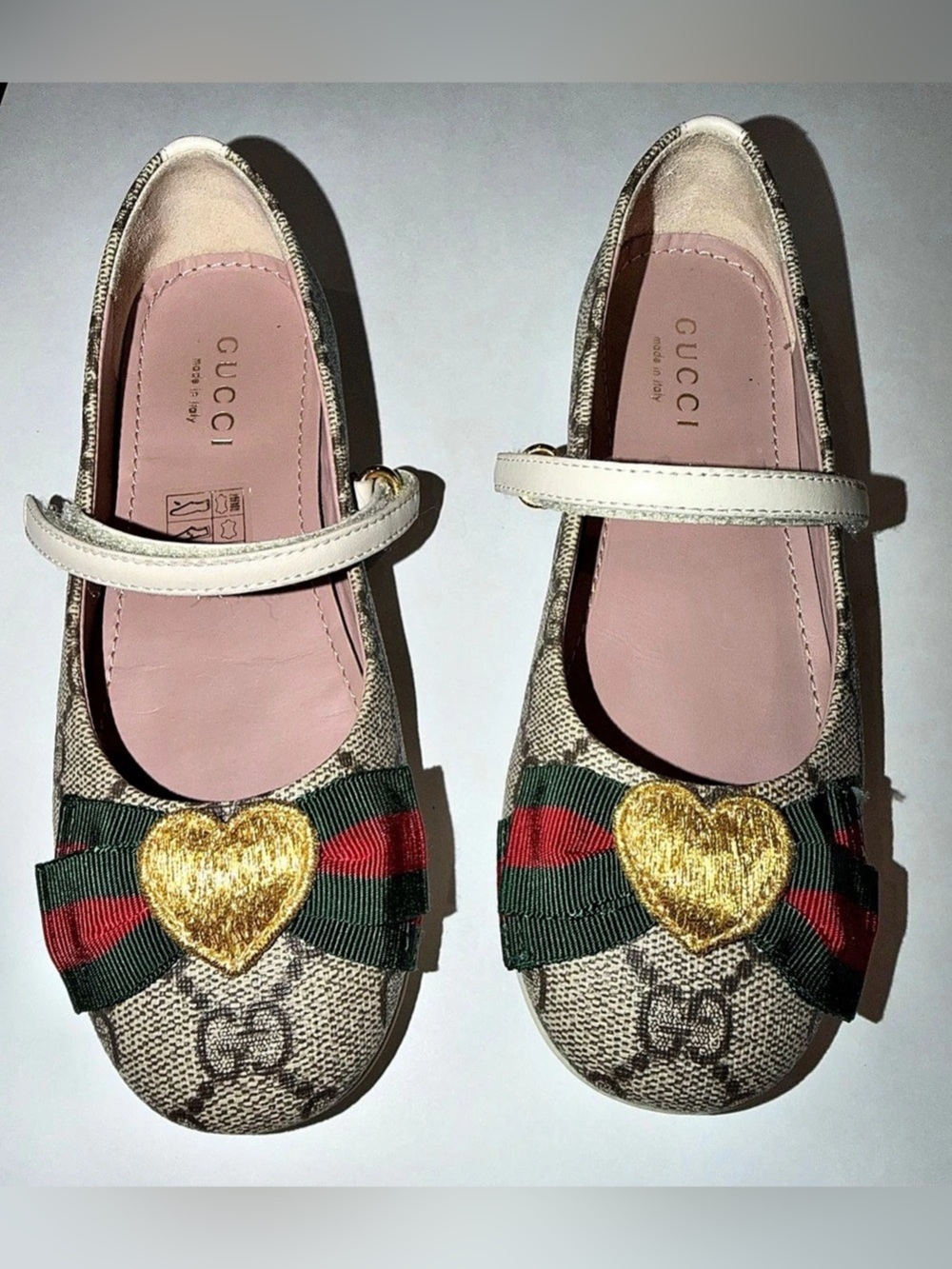 Gucci Girls GG Supreme Monogram Web Bow Gold Heart Mary Jane Flats Size 28